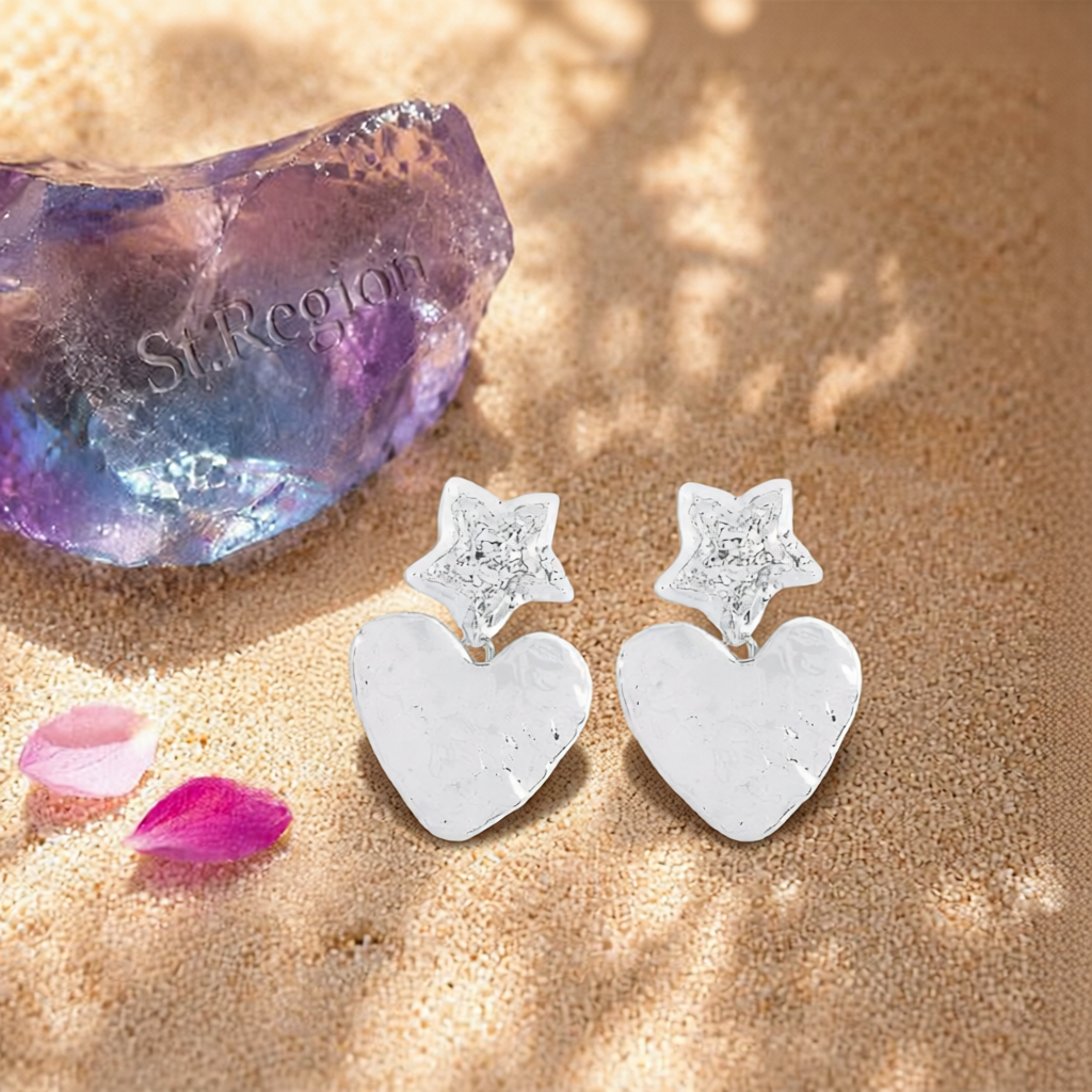 Silver-Plated Textured Star Heart Drop Earrings
