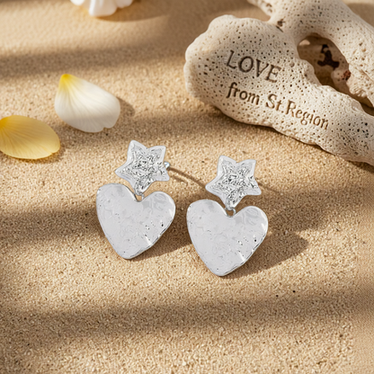 Silver-Plated Textured Star Heart Drop Earrings