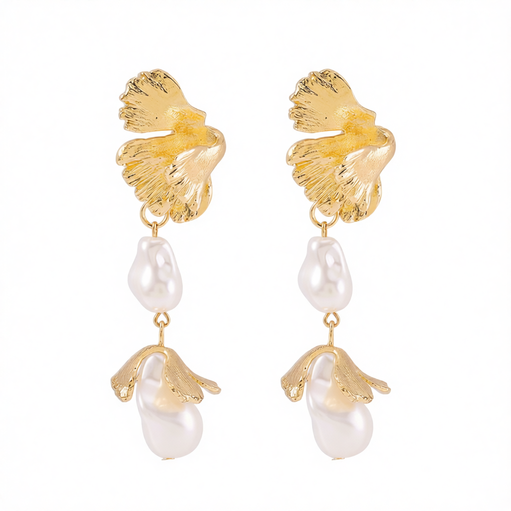 Pearl & 18K Gold-Plated Botanical Drop Earrings