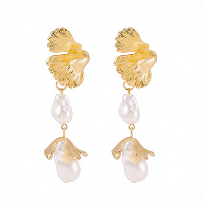 Pearl & 18K Gold-Plated Botanical Drop Earrings