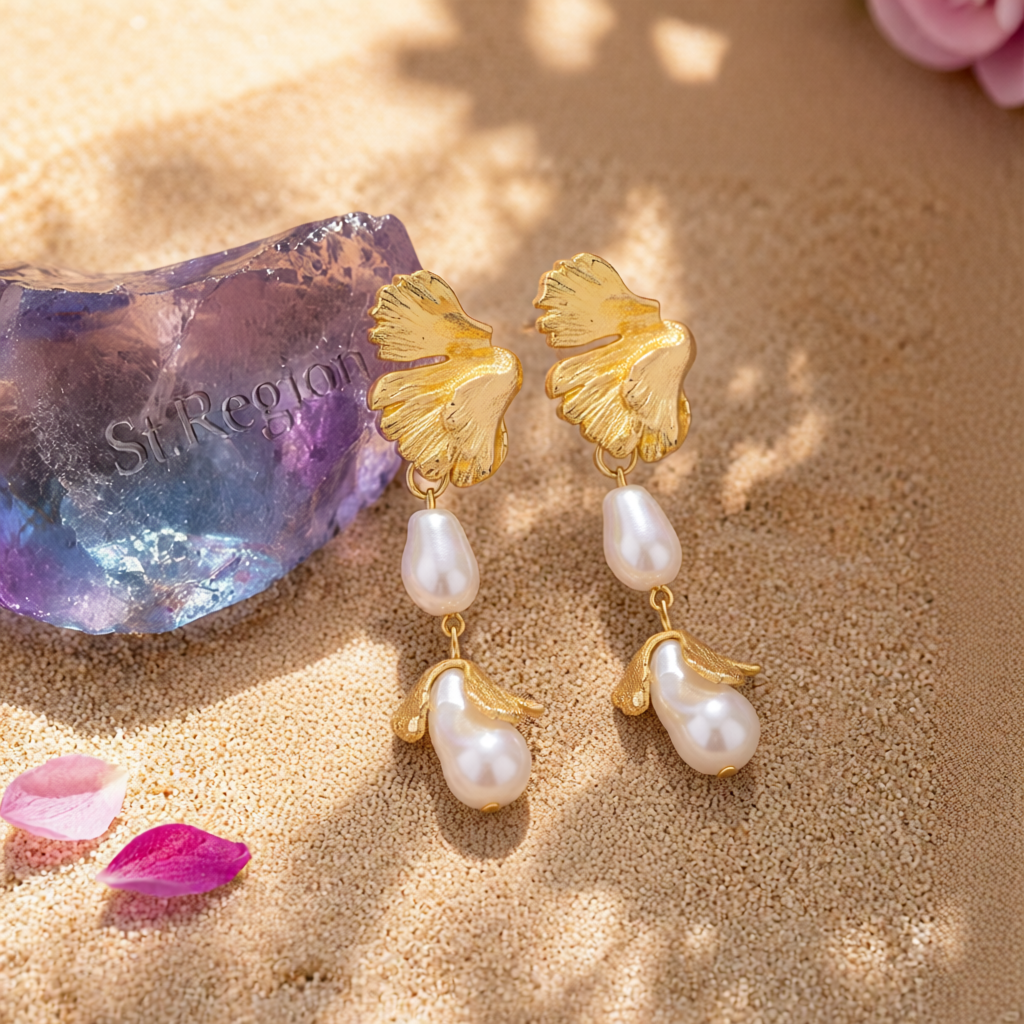 Pearl & 18K Gold-Plated Botanical Drop Earrings