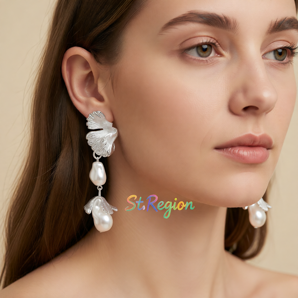 Pearl & Silver-Plated Botanical Drop Earrings