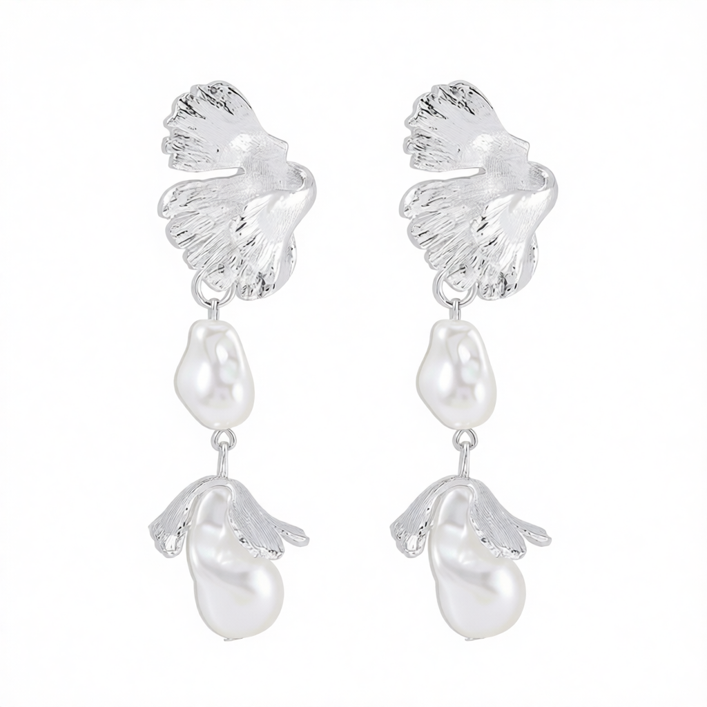 Pearl & Silver-Plated Botanical Drop Earrings