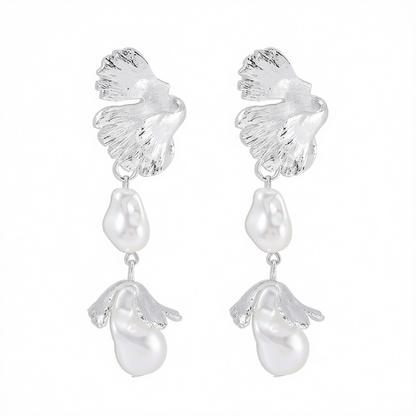 Pearl & Silver-Plated Botanical Drop Earrings