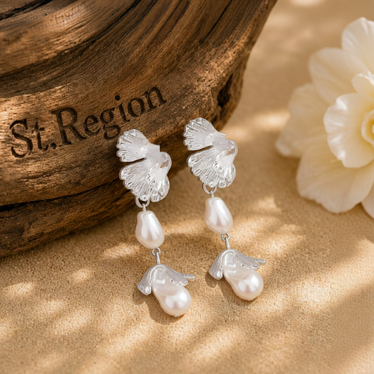 Pearl & Silver-Plated Botanical Drop Earrings