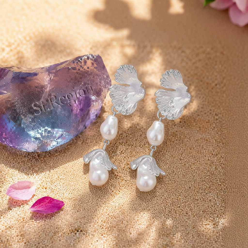 Pearl & Silver-Plated Botanical Drop Earrings