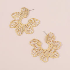 Striking golden flower huggie earrings in 18K gold plating, elegantly presented on a bright white background.