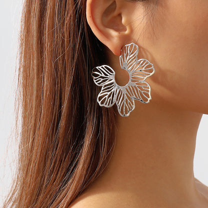 Silver-Plated Cutout Flower Huggie Earrings, silver huggie earrings, everyday style, front view