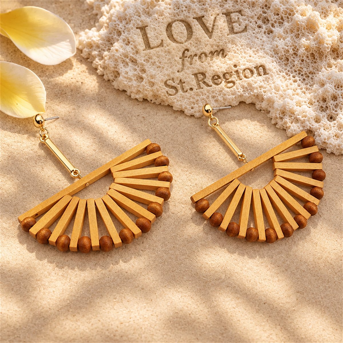 Wood and 18K Gold-Plated Fan Drop Earrings, gold drop earrings for women, elegant gift for her, lifestyle look