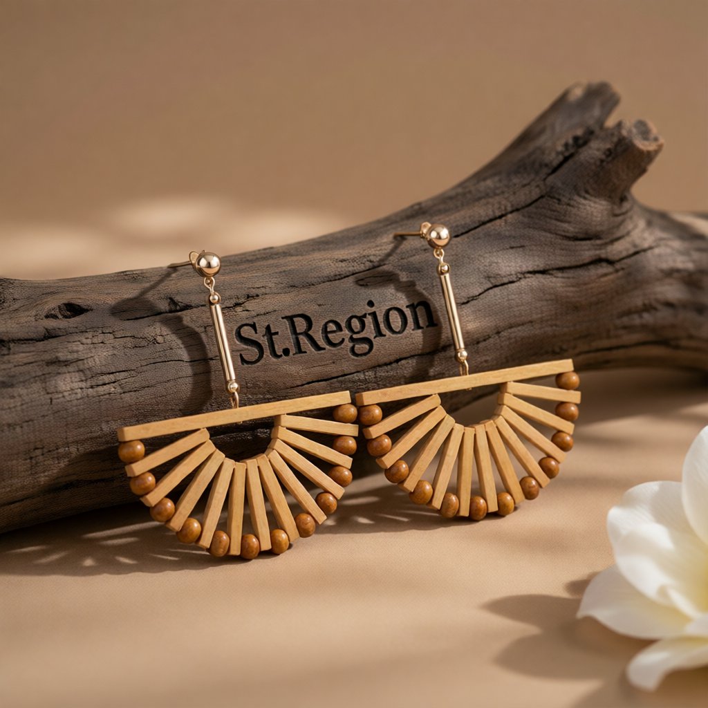 Wood and 18K Gold-Plated Fan Drop Earrings, gold drop earrings for women, elegant gift for her, front view