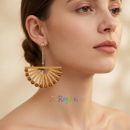 Wood and 18K Gold-Plated Fan Drop Earrings, gold drop earrings for women, elegant gift for her, styled look
