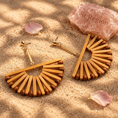 Wood and 18K Gold-Plated Fan Drop Earrings, gold drop earrings for women, elegant gift for her, detail close-up