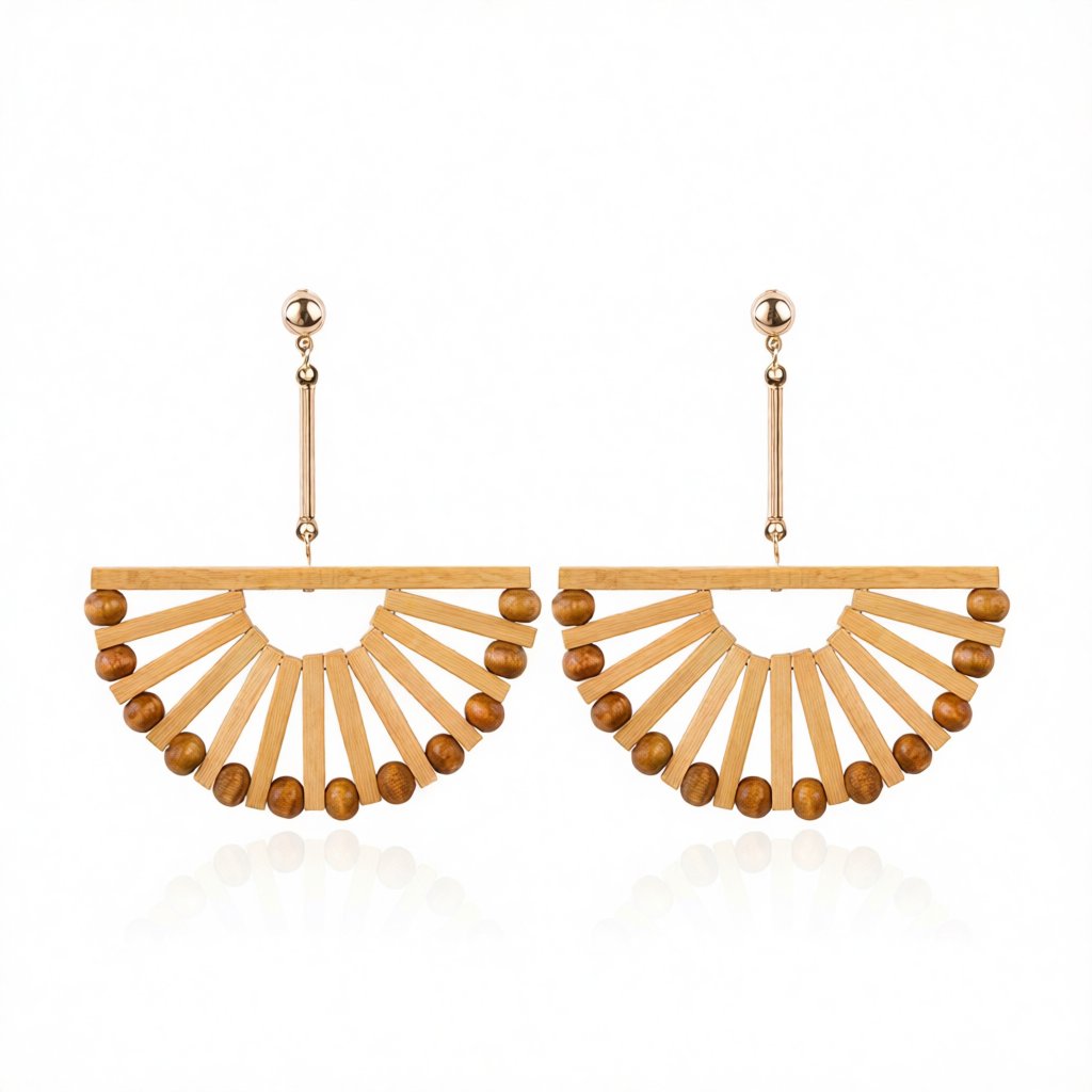 Wood and 18K Gold-Plated Fan Drop Earrings, gold drop earrings for women, elegant gift for her, side view