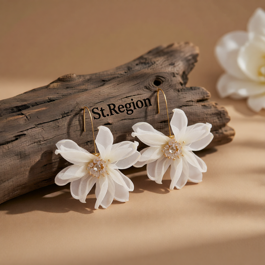 White Polyster & Acrylic Goldtone Flower Huggie Earring