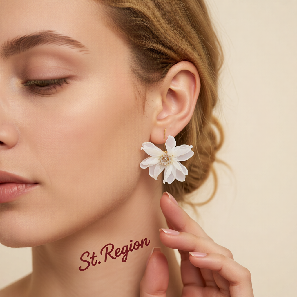 White Polyster & Acrylic Goldtone Flower Huggie Earring