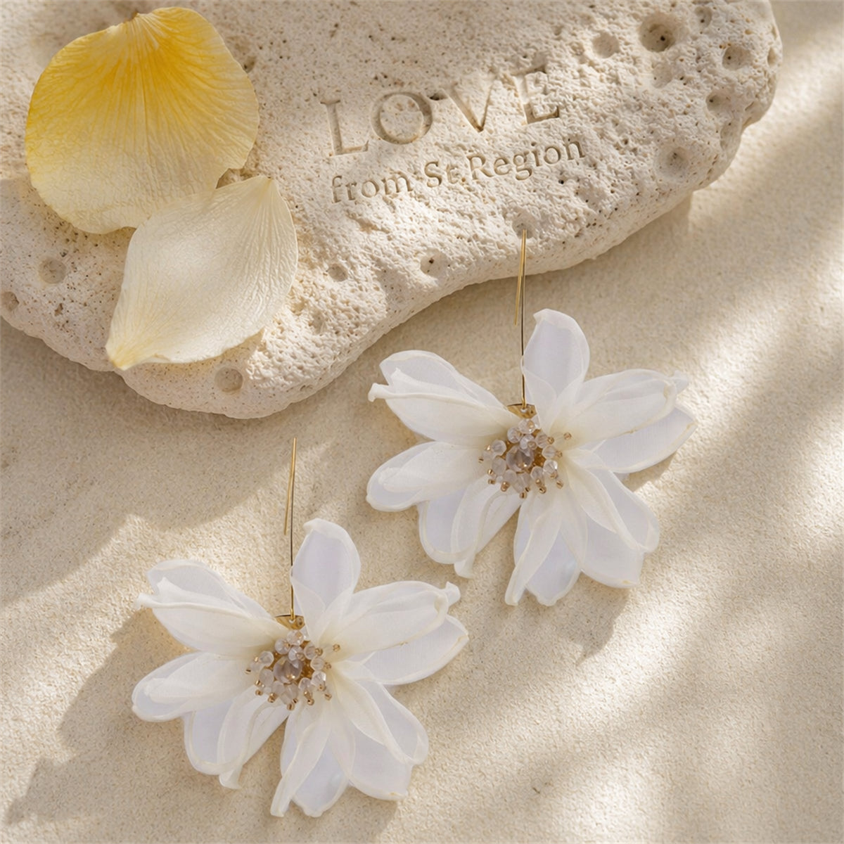 White Polyster & Acrylic Goldtone Flower Huggie Earring