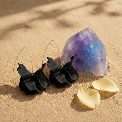 Black Acrylic and Goldtone Petals Drop Earrings, elegant gift for her, detail close-up