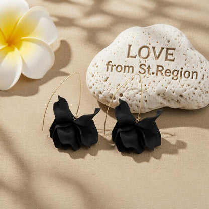 Black Acrylic and Goldtone Petals Drop Earrings, elegant gift for her, lifestyle look