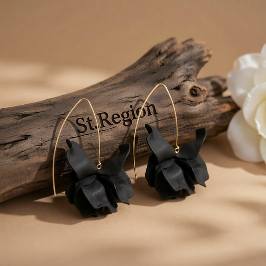 Black Acrylic & Goldtone Petals Drop Earrings