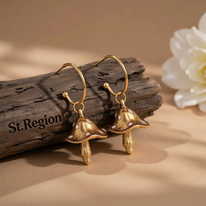 Caramel Enamel and 18K Gold-Plated Mushroom Drop Hoop Earrings, gold huggie earrings, dainty minimalist design, front view