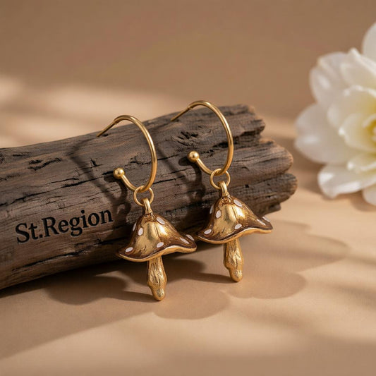 Caramel Enamel & 18K Gold-Plated Mushroom Drop Hoop Earrings