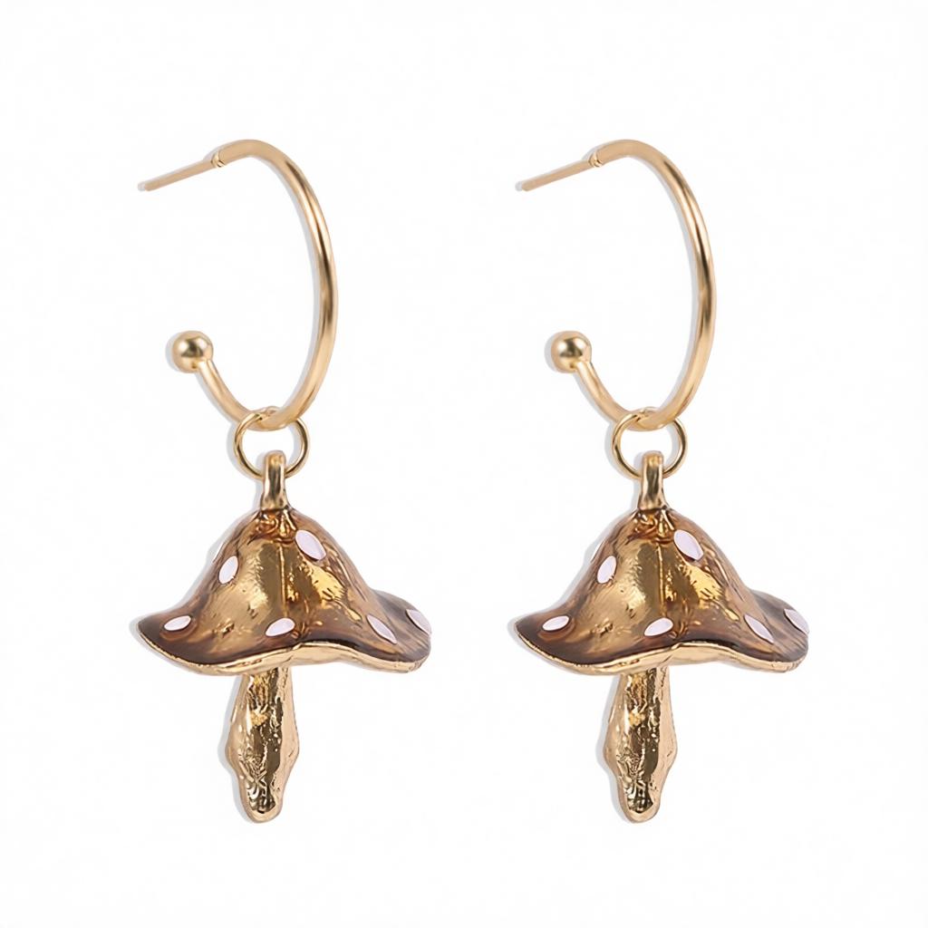 Caramel Enamel and 18K Gold-Plated Mushroom Drop Hoop Earrings, gold huggie earrings, dainty minimalist design, side view