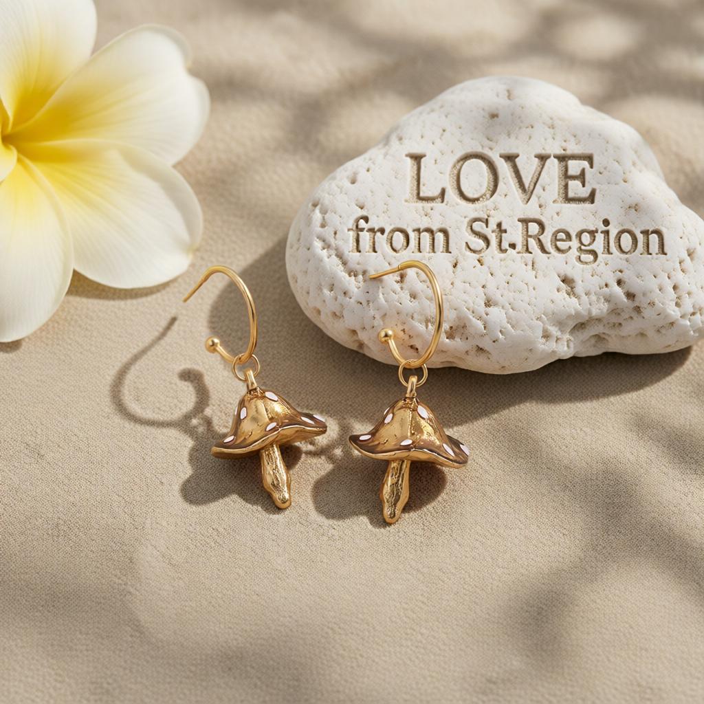 Caramel Enamel and 18K Gold-Plated Mushroom Drop Hoop Earrings, gold huggie earrings, lifestyle look