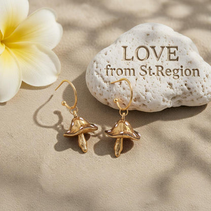 Caramel Enamel and 18K Gold-Plated Mushroom Drop Hoop Earrings, gold huggie earrings, lifestyle look