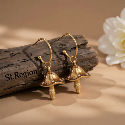 Caramel Enamel & 18K Gold-Plated Mushroom Drop Hoop Earrings