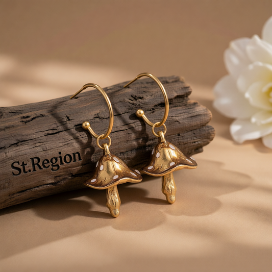 Caramel Enamel & 18K Gold-Plated Mushroom Drop Hoop Earrings