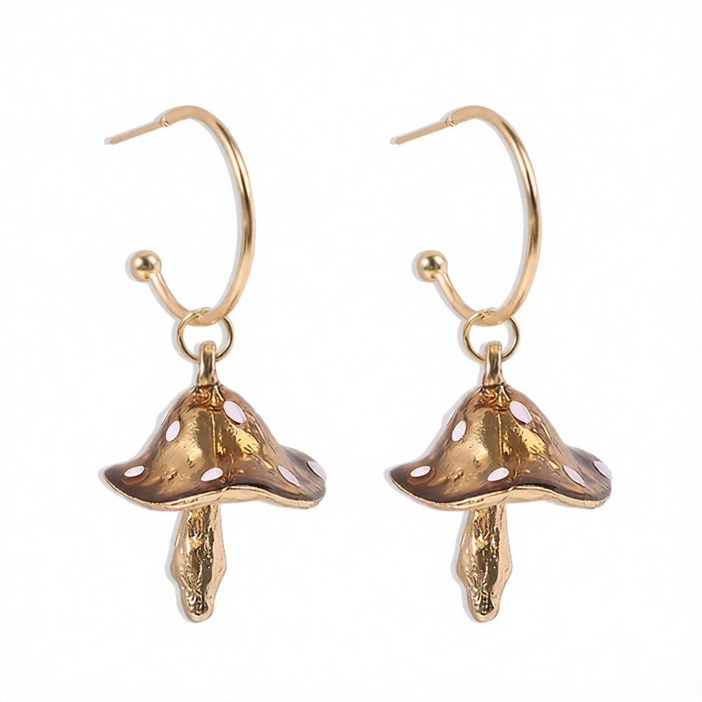Caramel Enamel & 18K Gold-Plated Mushroom Drop Hoop Earrings