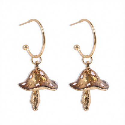 Caramel Enamel & 18K Gold-Plated Mushroom Drop Hoop Earrings