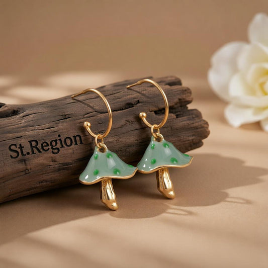 Green Enamel & 18K Gold-Plated Mushroom Drop Earrings
