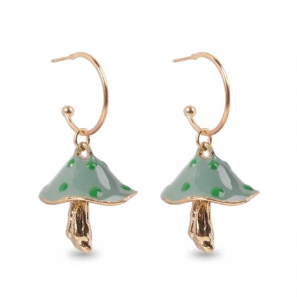 Green Enamel and 18K Gold-Plated Mushroom Drop Earrings, gold drop earrings for women, dainty minimalist design, side view