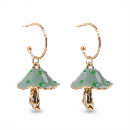 Green Enamel and 18K Gold-Plated Mushroom Drop Earrings, gold drop earrings for women, dainty minimalist design, side view