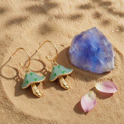 Green Enamel and 18K Gold-Plated Mushroom Drop Earrings, gold drop earrings for women, detail close-up