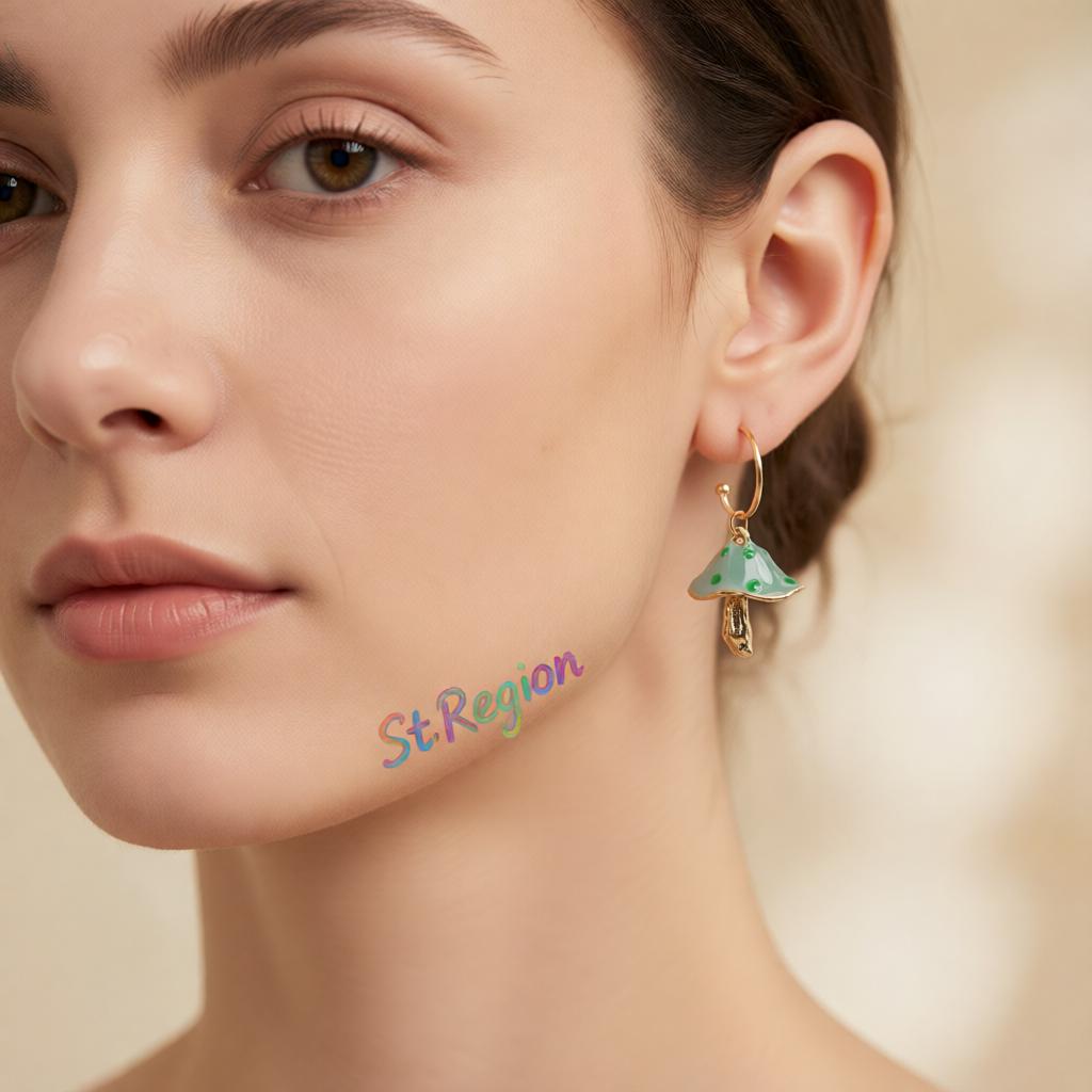 Green Enamel and 18K Gold-Plated Mushroom Drop Earrings, gold drop earrings for women, dainty minimalist design, styled look