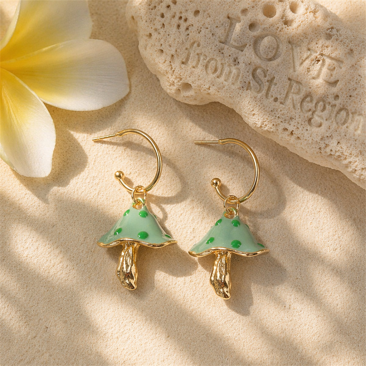 Green Enamel & 18K Gold-Plated Mushroom Drop Earrings