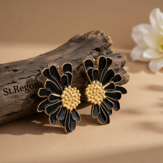 Black Enamel & 18K Gold-Plated Mum Stud Earrings