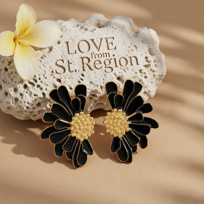 Black Enamel & 18K Gold-Plated Mum Stud Earrings