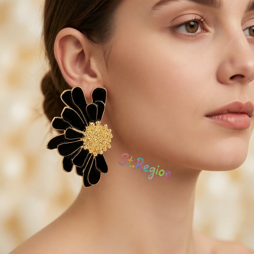 Black Enamel & 18K Gold-Plated Mum Stud Earrings