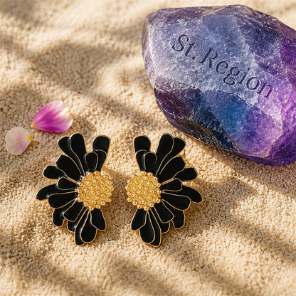 Black Enamel & 18K Gold-Plated Mum Stud Earrings