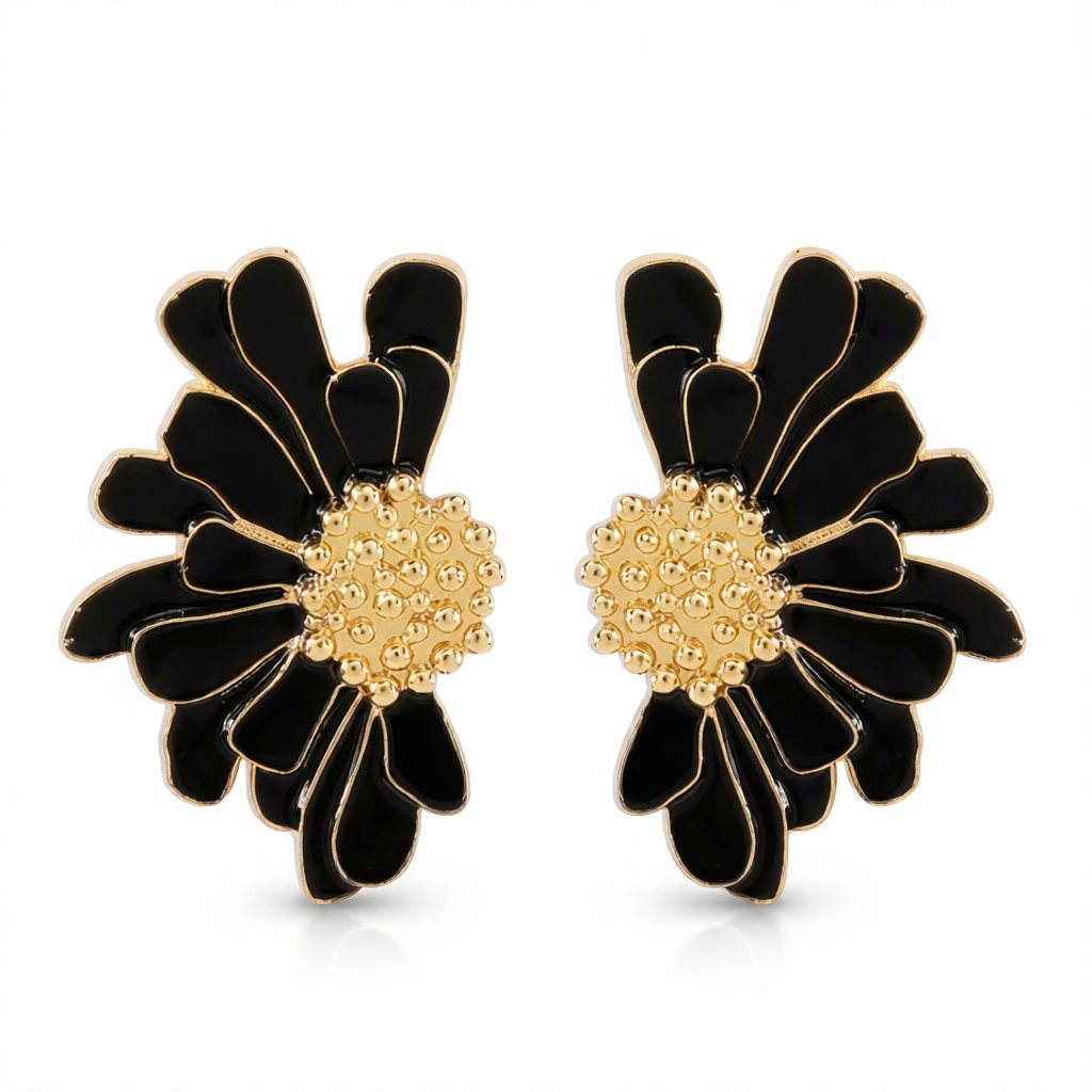 Black Enamel & 18K Gold-Plated Mum Stud Earrings