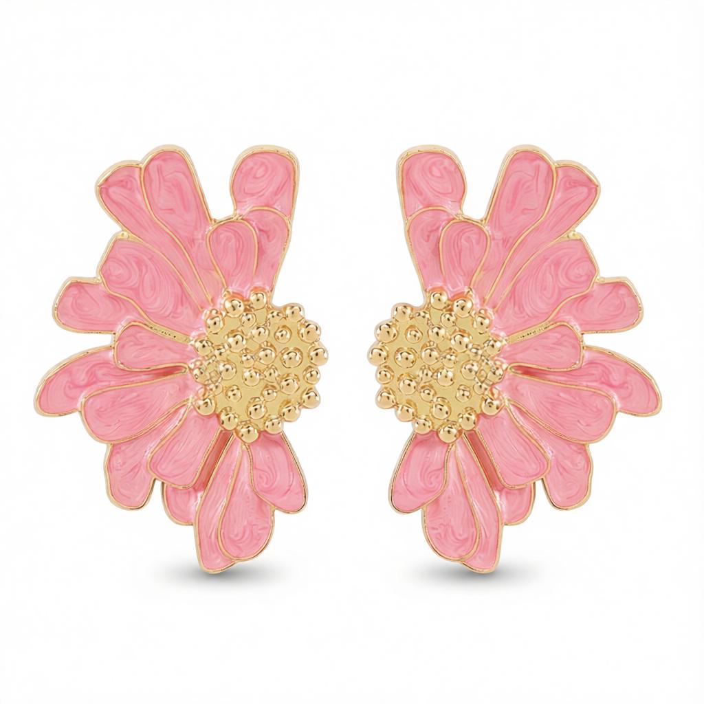 Pink Enamel and 18K Gold-Plated Mum Stud Earrings, cubic zirconia stud earrings for women, side view