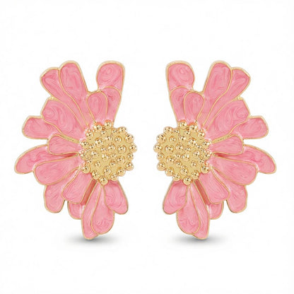Pink Enamel and 18K Gold-Plated Mum Stud Earrings, cubic zirconia stud earrings for women, side view