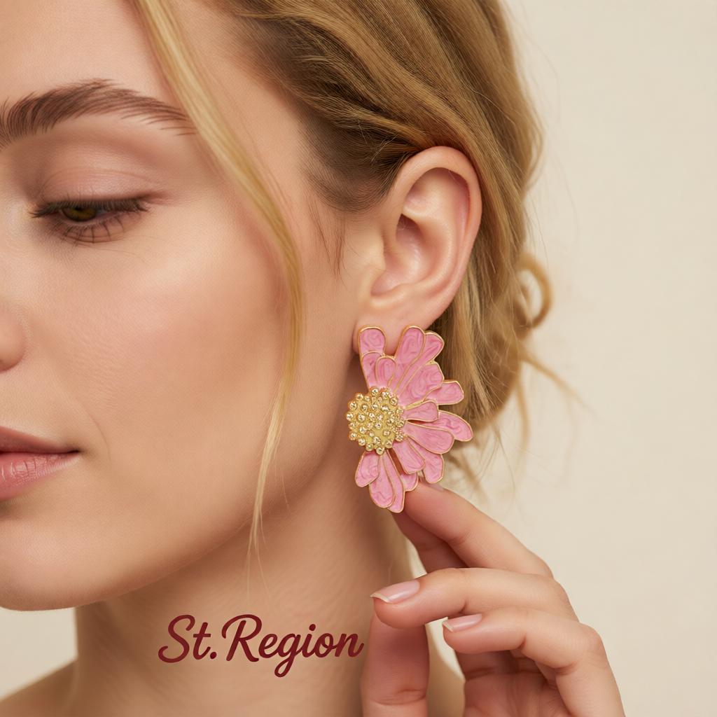 Pink Enamel and 18K Gold-Plated Mum Stud Earrings, cubic zirconia stud earrings for women, styled look