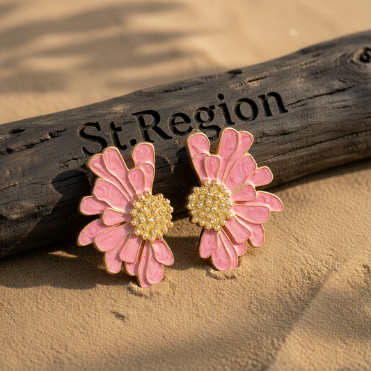 Pink Enamel & 18K Gold-Plated Mum Stud Earrings