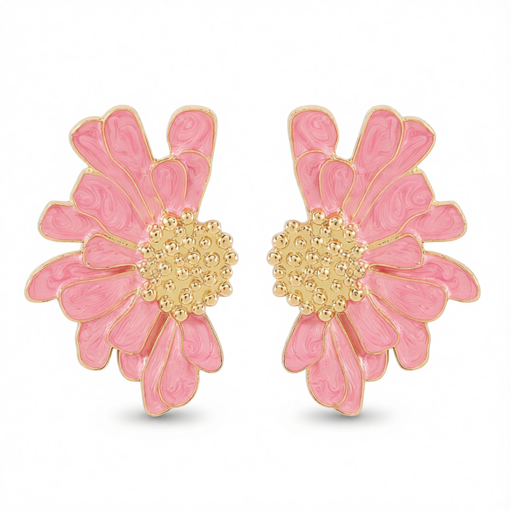 Pink Enamel & 18K Gold-Plated Mum Stud Earrings