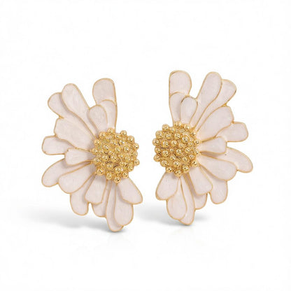 White Enamel and 18K Gold-Plated Mum Stud Earrings, cubic zirconia stud earrings for women, side view