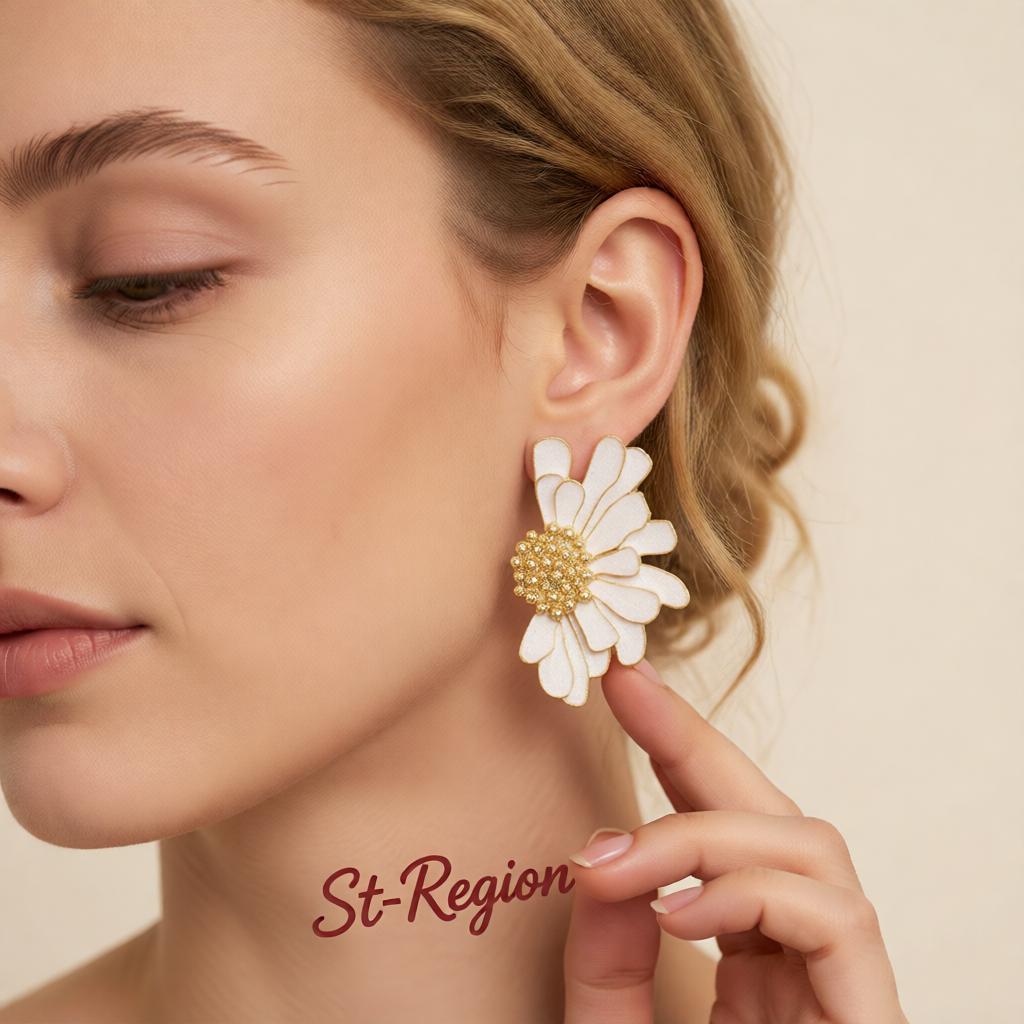 White Enamel and 18K Gold-Plated Mum Stud Earrings, cubic zirconia stud earrings for women, styled look